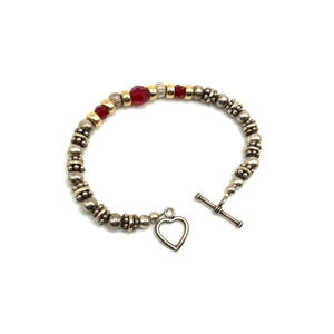 Beaded Sterling Silver Heart Toggle Bracelet w Gold,Silver and Red Crystal Beads